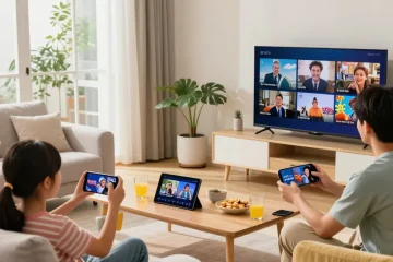 Famille profitant de iron iptv sur smart TV avec plusieurs appareils